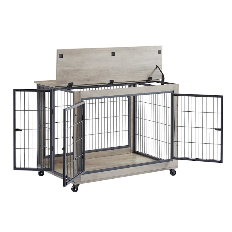 Table d'appoint cage pour chien de style meuble sur roulettes avec portes doubles et plateau relevable, gris, 38,58l x 25,5p x 27,36h