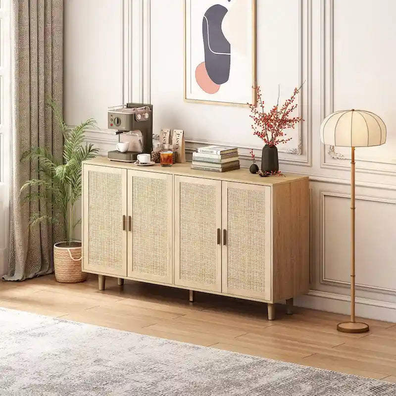 62.20 Armoire de Rangement Décorative en Rotin à 4 Portes, Élégante et Fonctionnelle, pour Chambre, Salon, Bureau, Montage Facile