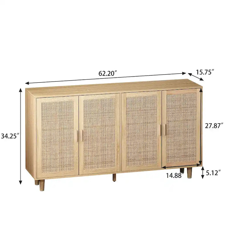 62.20 Armoire de Rangement Décorative en Rotin à 4 Portes, Élégante et Fonctionnelle, pour Chambre, Salon, Bureau, Montage Facile
