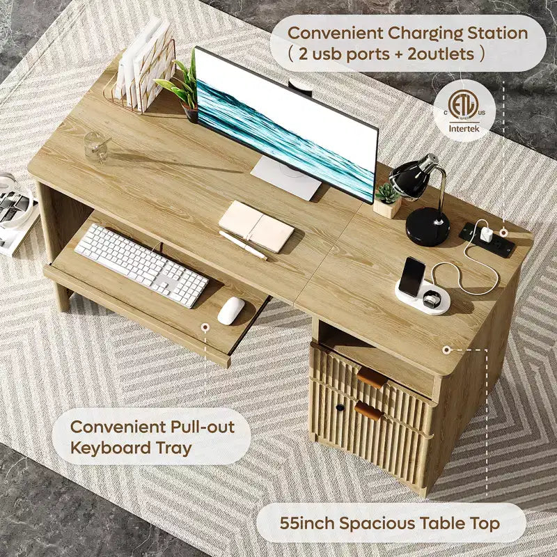 Bureau d'ordinateur intelligent Bestier 55, bureau en chêne avec tiroirs de classement et prise de courant, bureau de direction avec rangement ouvert et tiroir à clavier