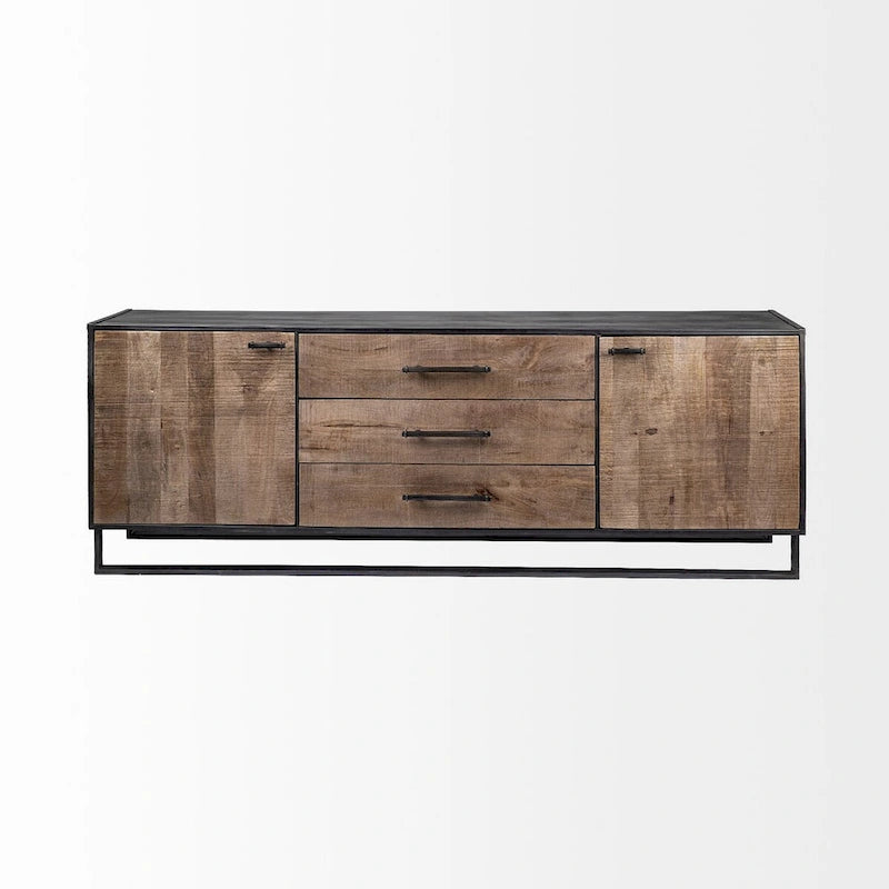 Bahut Alvin Brown en bois massif avec cadre en métal noir, 3 tiroirs et 2 portes de placard - 82,0L x 20,0l x 30,0H