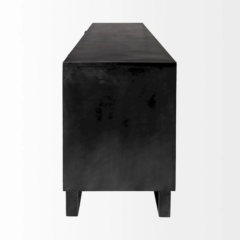 Bahut Alvin Brown en bois massif avec cadre en métal noir, 3 tiroirs et 2 portes de placard - 82,0L x 20,0l x 30,0H