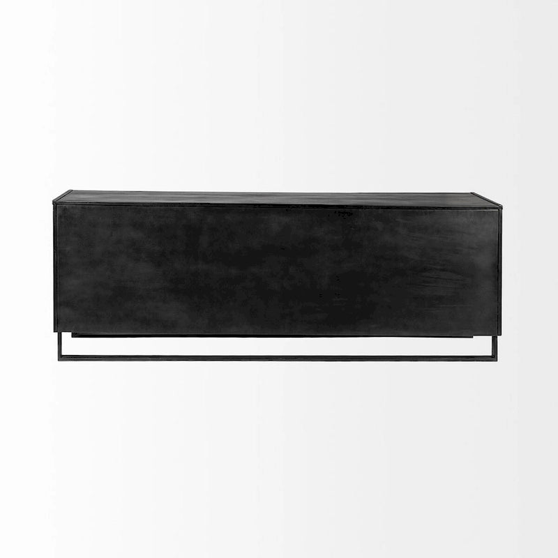 Bahut Alvin Brown en bois massif avec cadre en métal noir, 3 tiroirs et 2 portes de placard - 82,0L x 20,0l x 30,0H