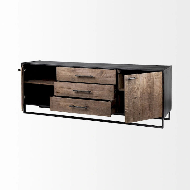 Bahut Alvin Brown en bois massif avec cadre en métal noir, 3 tiroirs et 2 portes de placard - 82,0L x 20,0l x 30,0H