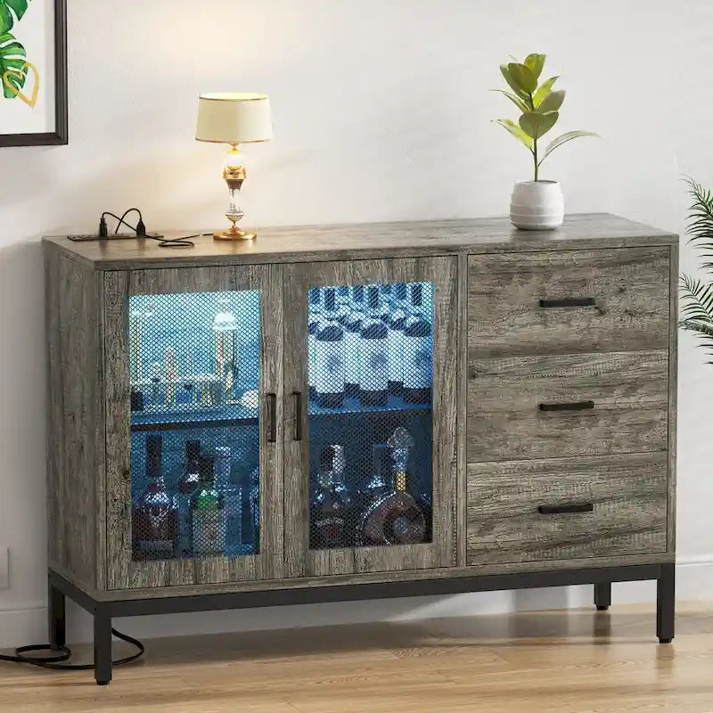 Buffet vaisselier en bois avec station de charge et lumières LED - 114,98 cm (L)