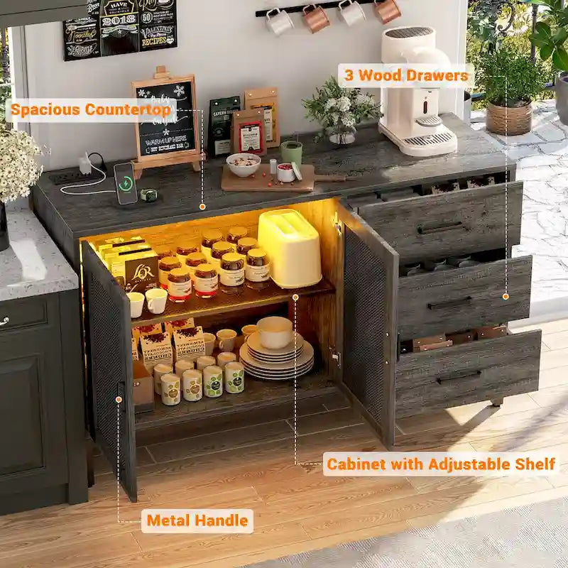Buffet vaisselier en bois avec station de charge et lumières LED - 114,98 cm (L)