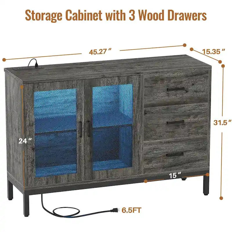 Buffet vaisselier en bois avec station de charge et lumières LED - 114,98 cm (L)