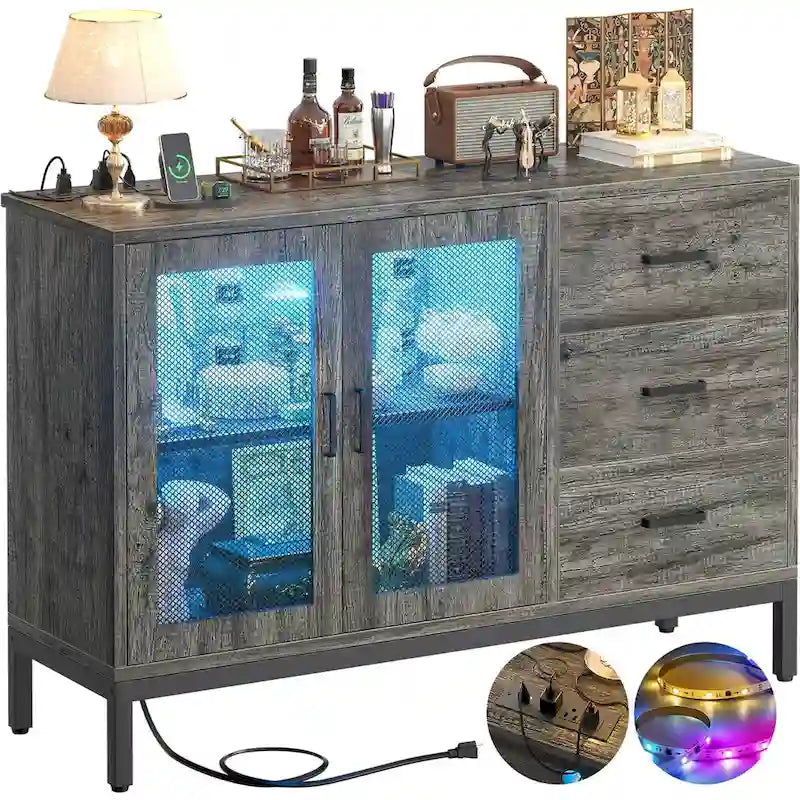 Buffet vaisselier en bois avec station de charge et lumières LED - 114,98 cm (L)