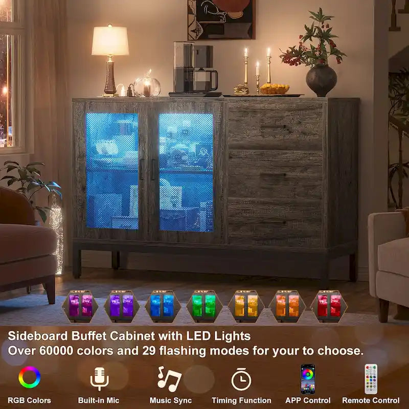 Buffet vaisselier en bois avec station de charge et lumières LED - 114,98 cm (L)