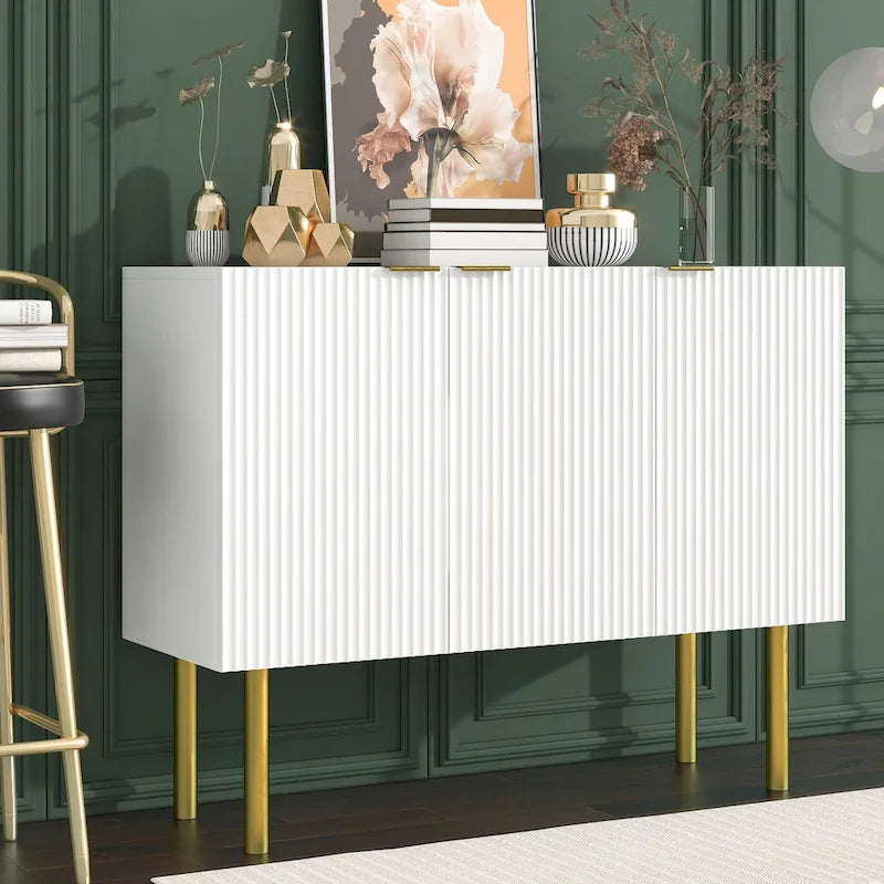 Buffet avec pieds, poignées et étagères réglables en métal doré – 119 L x 42 P x 90 H cm