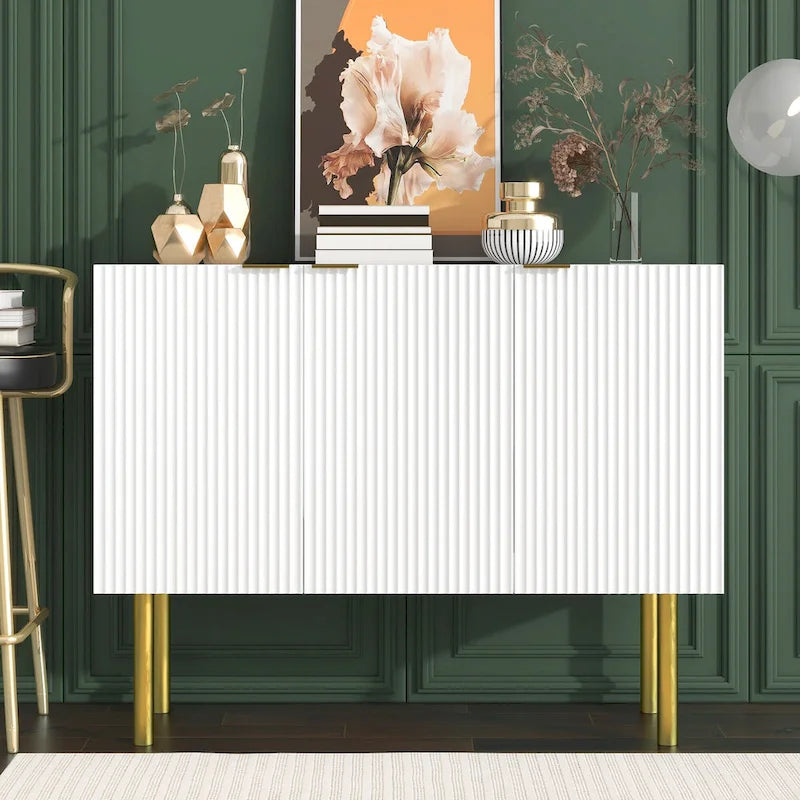 Buffet avec pieds, poignées et étagères réglables en métal doré – 119 L x 42 P x 90 H cm