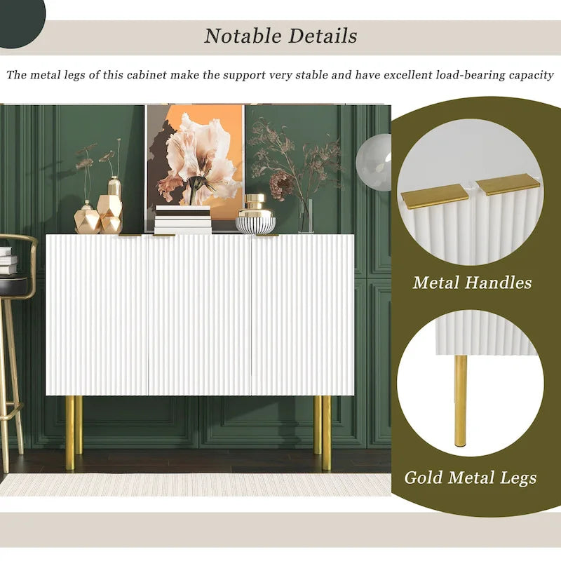 Buffet avec pieds, poignées et étagères réglables en métal doré – 119 L x 42 P x 90 H cm