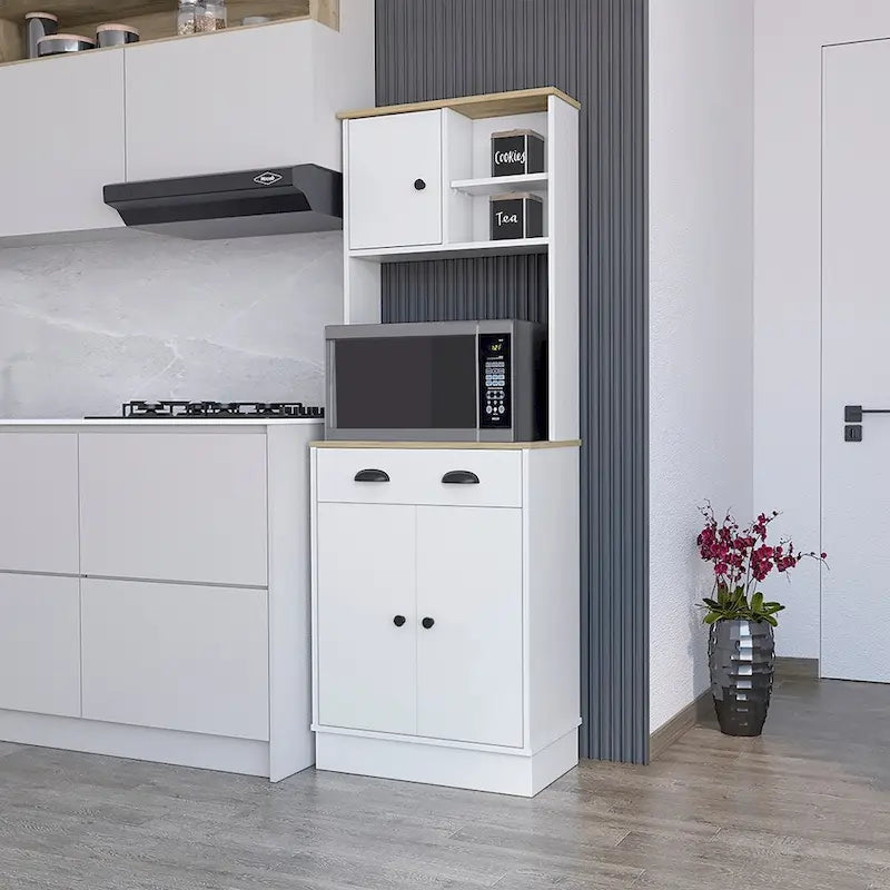 Meuble de rangement pour micro-ondes avec 3 portes et tiroir Arlington, fini blanc/macadamia