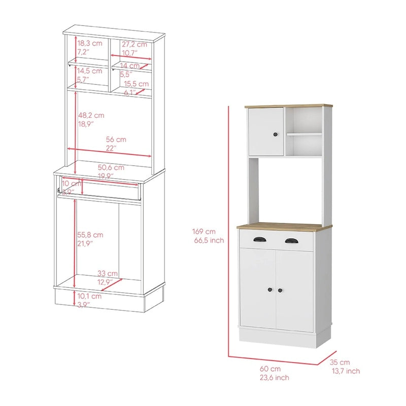 Meuble de rangement pour micro-ondes avec 3 portes et tiroir Arlington, fini blanc/macadamia