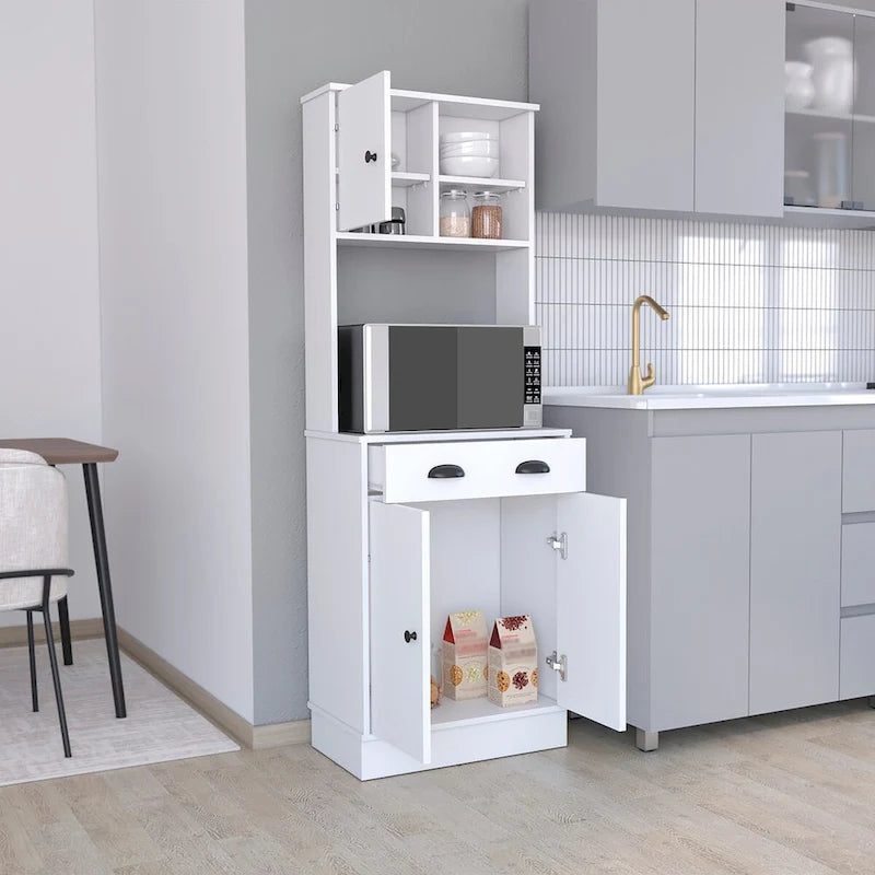 Meuble de rangement pour micro-ondes avec 3 portes et tiroir Arlington, fini blanc/macadamia