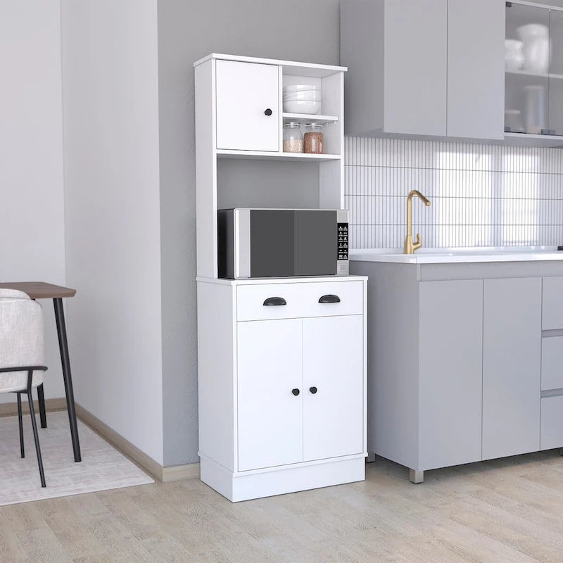 Meuble de rangement pour micro-ondes avec 3 portes et tiroir Arlington, fini blanc/macadamia