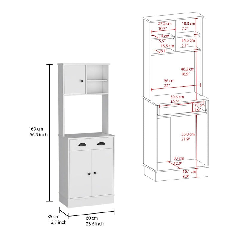 Meuble de rangement pour micro-ondes avec 3 portes et tiroir Arlington, fini blanc/macadamia