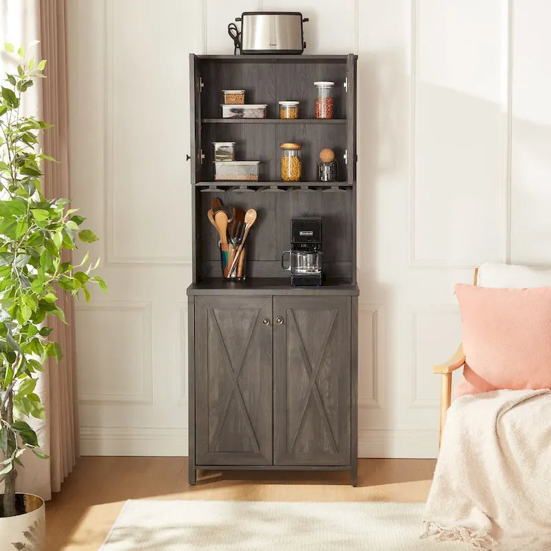 Meuble de bar à café avec support pour micro-ondes, cadre en métal, meuble de bar d'appoint pour la maison, meuble en bois avec motif de grange creuse