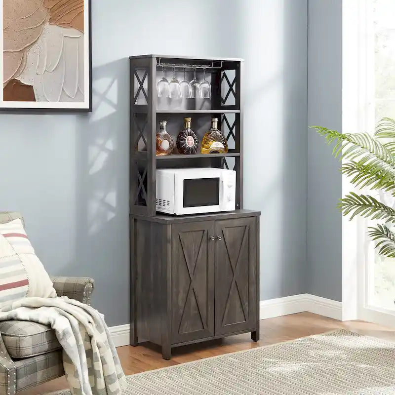 Meuble de bar à café avec support pour micro-ondes, cadre en métal, meuble de bar d'appoint pour la maison, meuble en bois avec motif de grange creuse