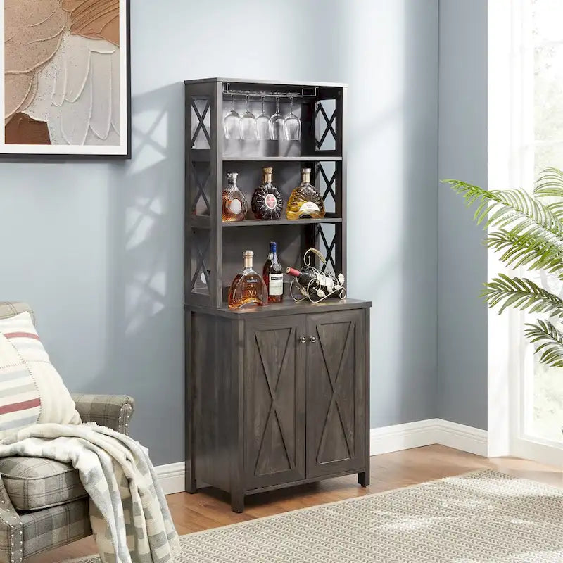 Meuble de bar à café avec support pour micro-ondes, cadre en métal, meuble de bar d'appoint pour la maison, meuble en bois avec motif de grange creuse