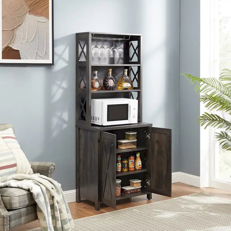 Meuble de bar à café avec support pour micro-ondes, cadre en métal, meuble de bar d'appoint pour la maison, meuble en bois avec motif de grange creuse