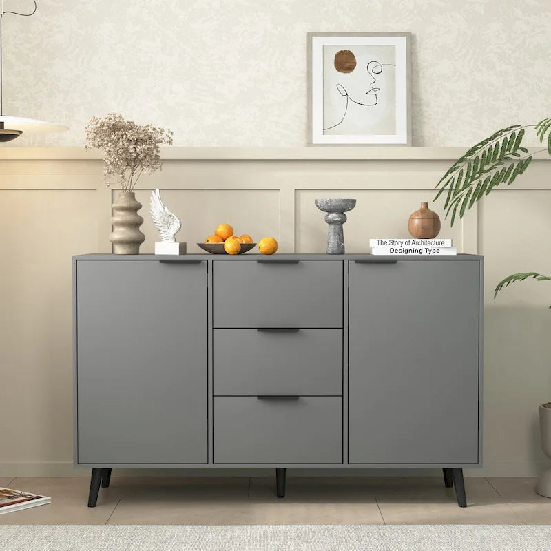 Bahut de salle à manger avec rangement, meuble bar à café en bois, armoire de 120 cm avec 3 tiroirs et 2 portes, buffet vaisselier
