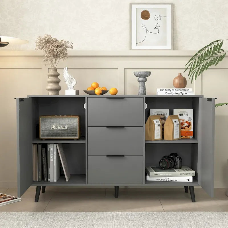 Bahut de salle à manger avec rangement, meuble bar à café en bois, armoire de 120 cm avec 3 tiroirs et 2 portes, buffet vaisselier