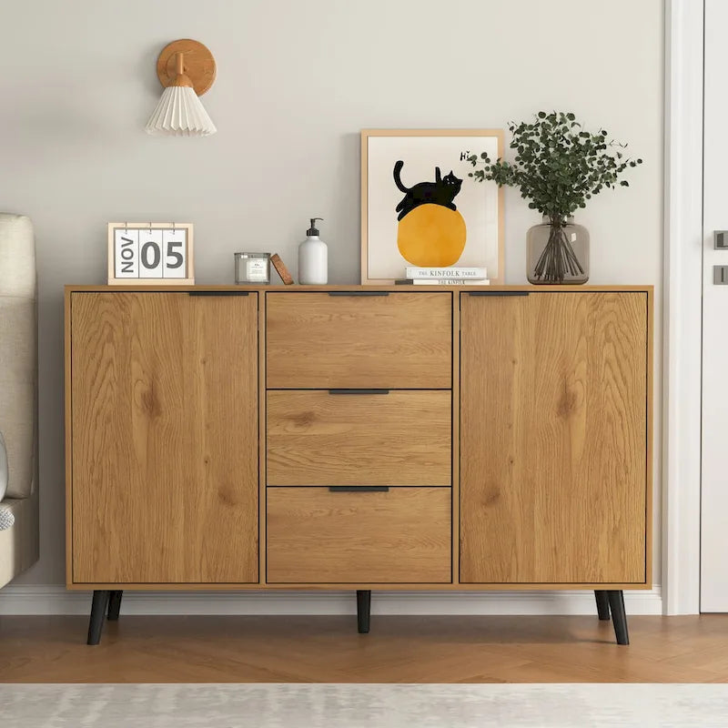 Bahut de salle à manger avec rangement, meuble bar à café en bois, armoire de 120 cm avec 3 tiroirs et 2 portes, buffet vaisselier