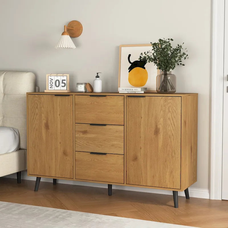Bahut de salle à manger avec rangement, meuble bar à café en bois, armoire de 120 cm avec 3 tiroirs et 2 portes, buffet vaisselier
