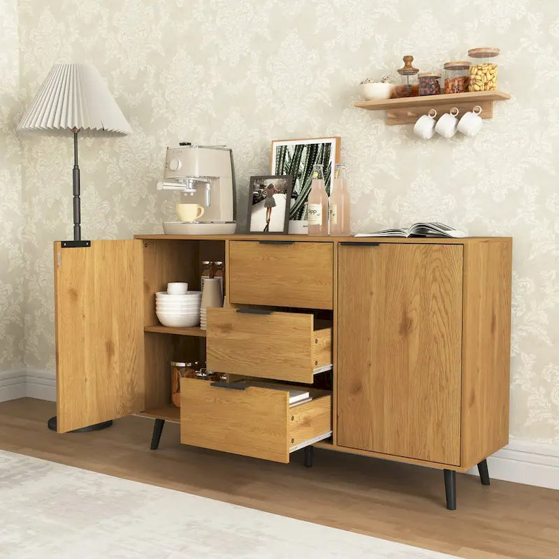 Bahut de salle à manger avec rangement, meuble bar à café en bois, armoire de 120 cm avec 3 tiroirs et 2 portes, buffet vaisselier