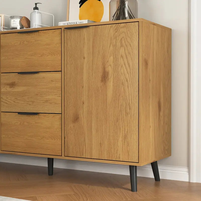 Bahut de salle à manger avec rangement, meuble bar à café en bois, armoire de 120 cm avec 3 tiroirs et 2 portes, buffet vaisselier
