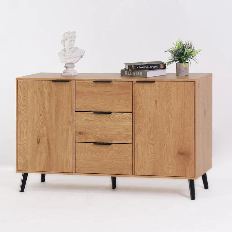 Bahut de salle à manger avec rangement, meuble bar à café en bois, armoire de 120 cm avec 3 tiroirs et 2 portes, buffet vaisselier