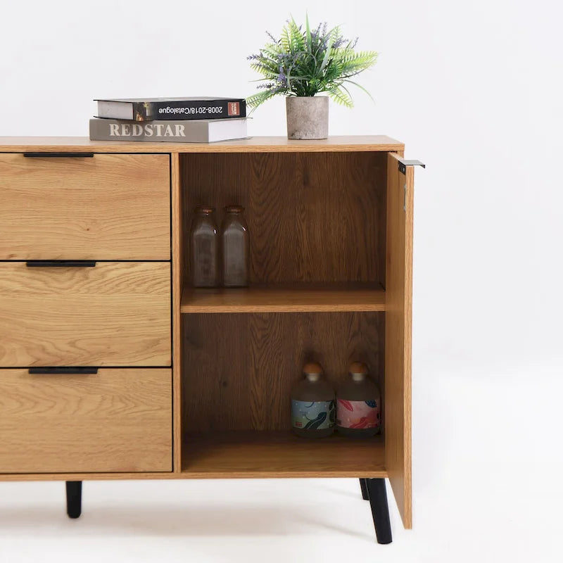 Bahut de salle à manger avec rangement, meuble bar à café en bois, armoire de 120 cm avec 3 tiroirs et 2 portes, buffet vaisselier