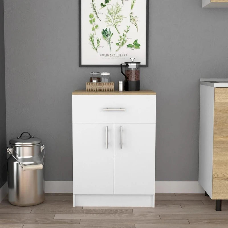 Meuble de rangement pour garde-manger 33 H, un tiroir, deux étagères intérieures, deux portes, buffet blanc/chêne clair