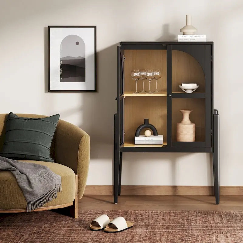 Buffet ou console moderne du milieu du siècle Shadow avec portes vitrées, armoire de rangement de cuisine avec cadre en bois