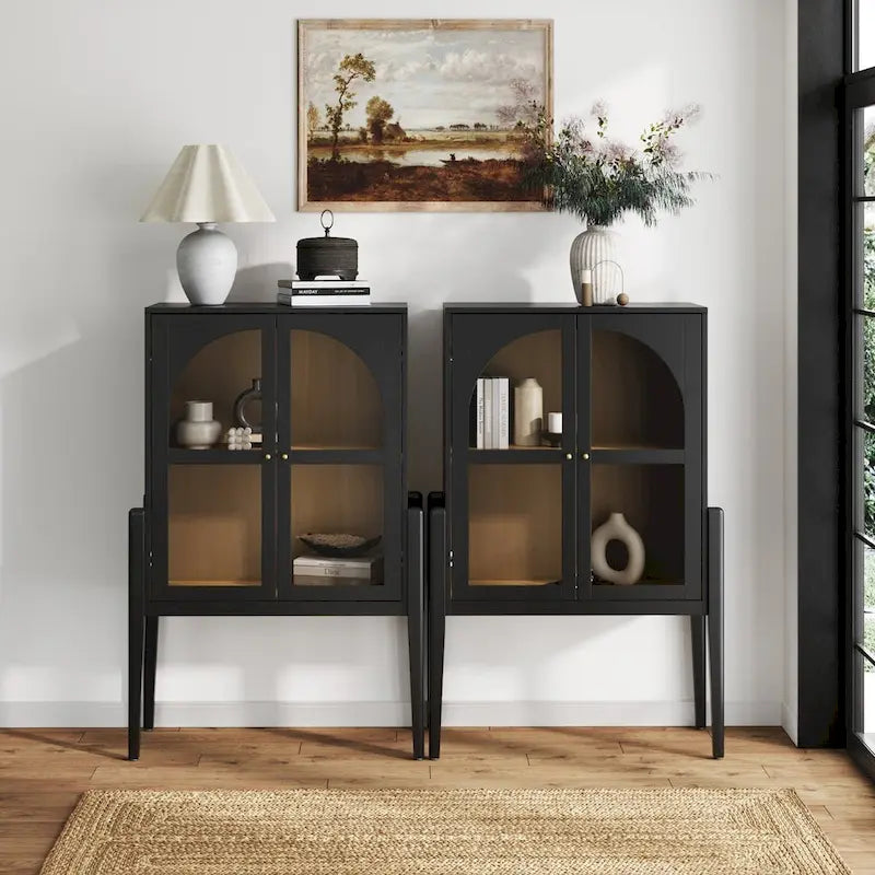 Buffet ou console moderne du milieu du siècle Shadow avec portes vitrées, armoire de rangement de cuisine avec cadre en bois