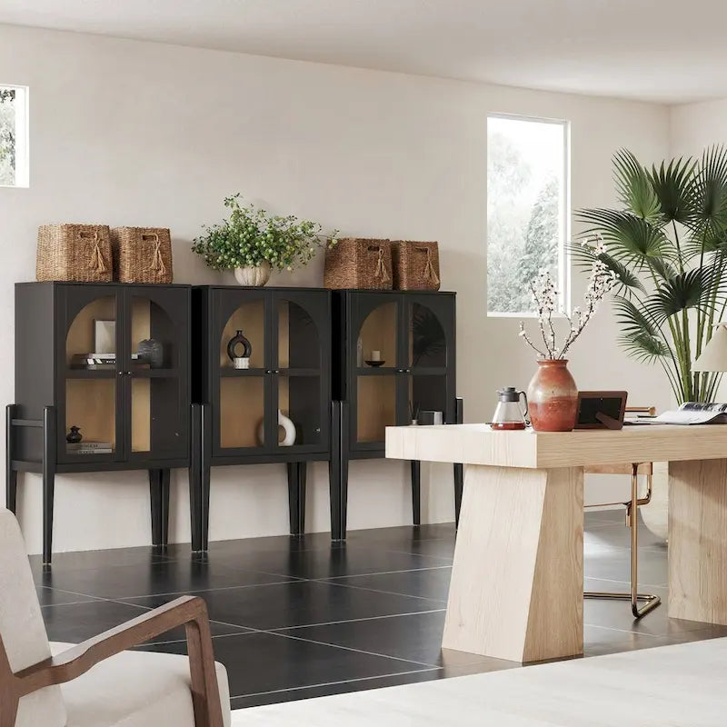 Buffet ou console moderne du milieu du siècle Shadow avec portes vitrées, armoire de rangement de cuisine avec cadre en bois