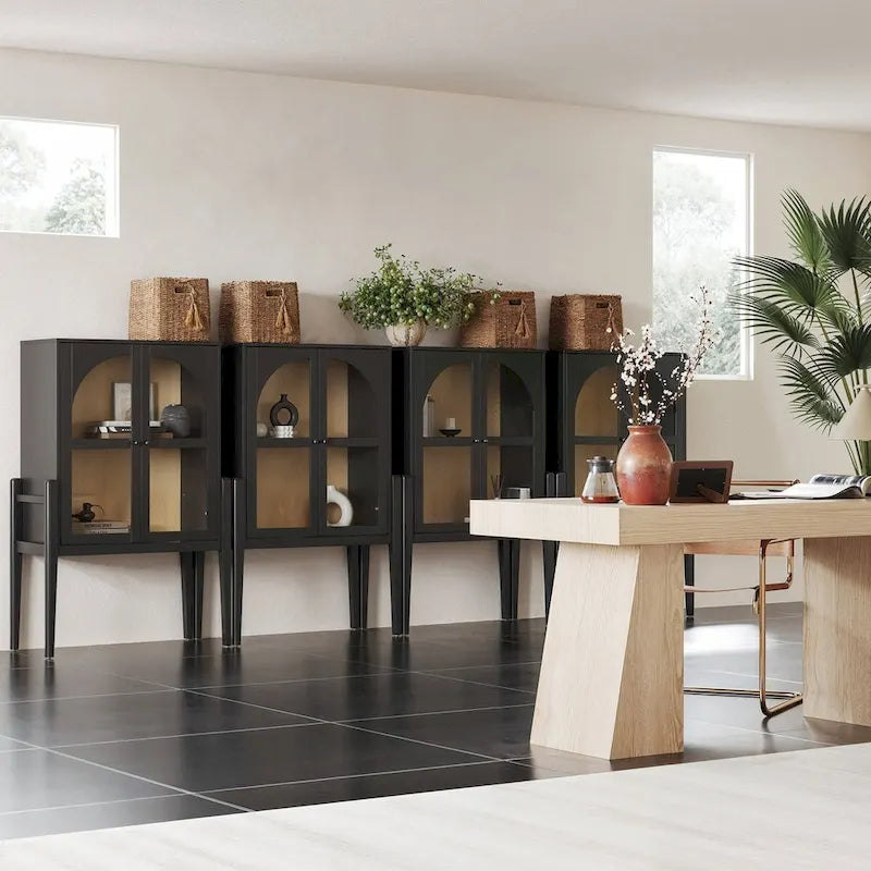 Buffet ou console moderne du milieu du siècle Shadow avec portes vitrées, armoire de rangement de cuisine avec cadre en bois