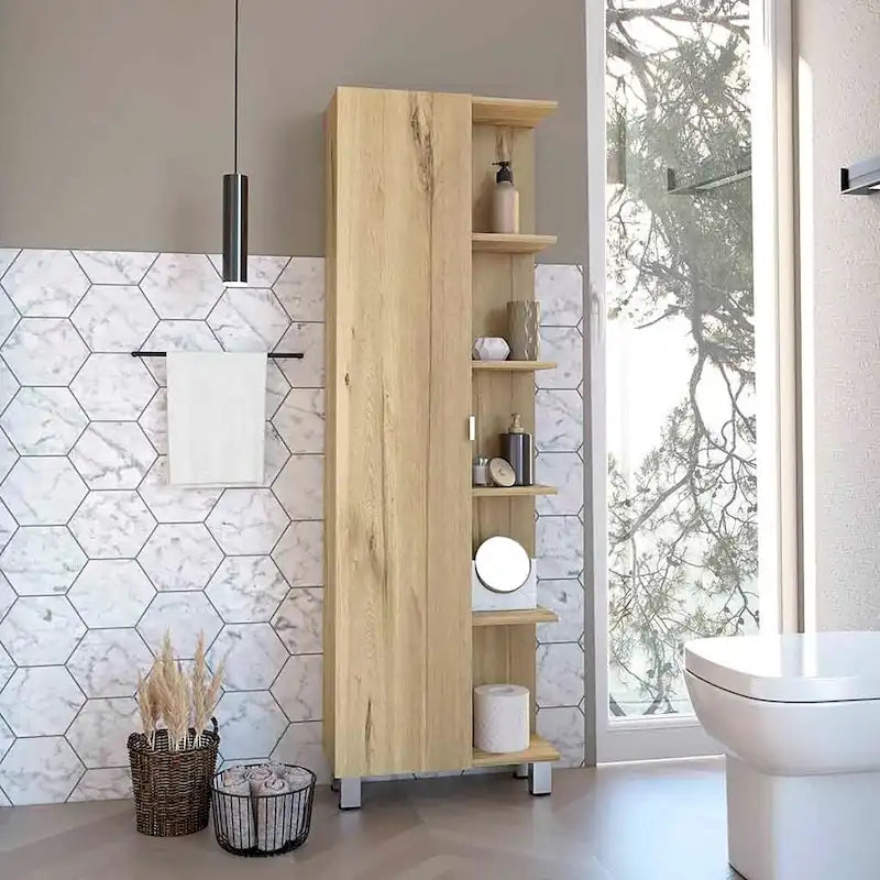 Meuble d'angle Womppi, cinq étagères ouvertes, une seule porte, finition gris clair, de haute qualité et durable