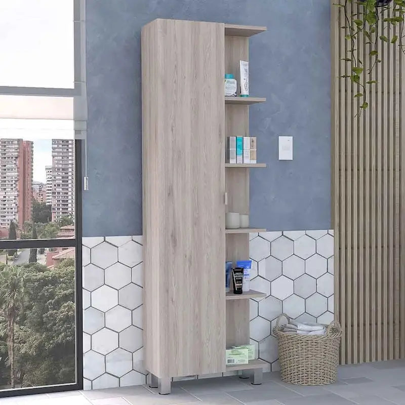 Meuble d'angle Womppi, cinq étagères ouvertes, une seule porte, finition gris clair, de haute qualité et durable