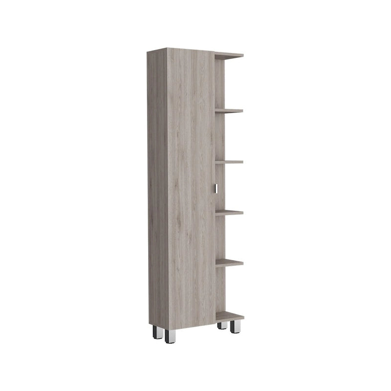 Meuble d'angle Womppi, cinq étagères ouvertes, une seule porte, finition gris clair, de haute qualité et durable