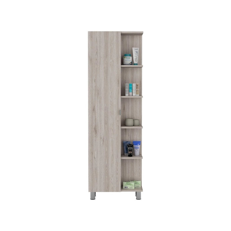Meuble d'angle Womppi, cinq étagères ouvertes, une seule porte, finition gris clair, de haute qualité et durable