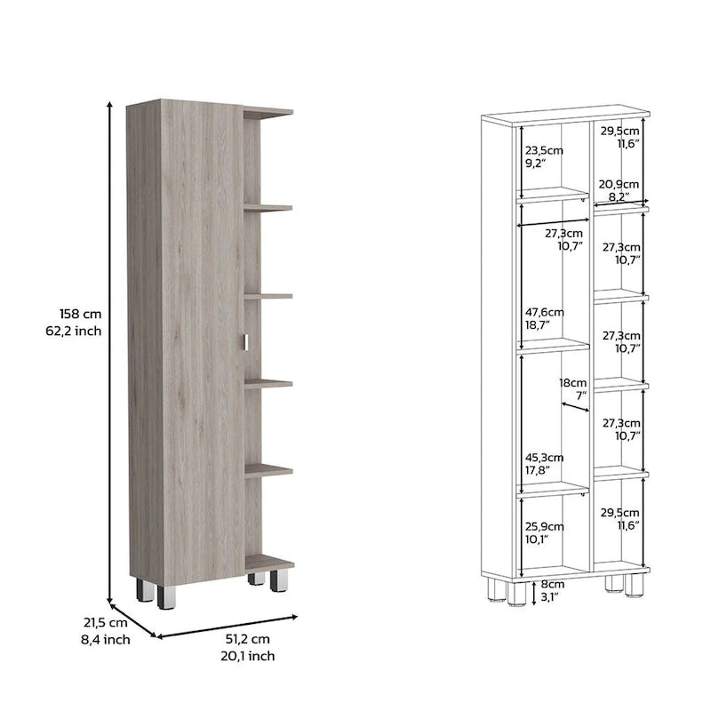 Meuble d'angle Womppi, cinq étagères ouvertes, une seule porte, finition gris clair, de haute qualité et durable