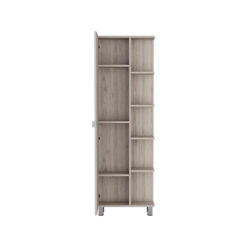 Meuble d'angle Womppi, cinq étagères ouvertes, une seule porte, finition gris clair, de haute qualité et durable