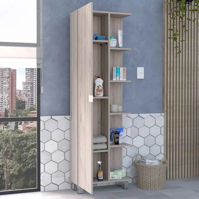 Meuble d'angle Womppi, cinq étagères ouvertes, une seule porte, finition gris clair, de haute qualité et durable