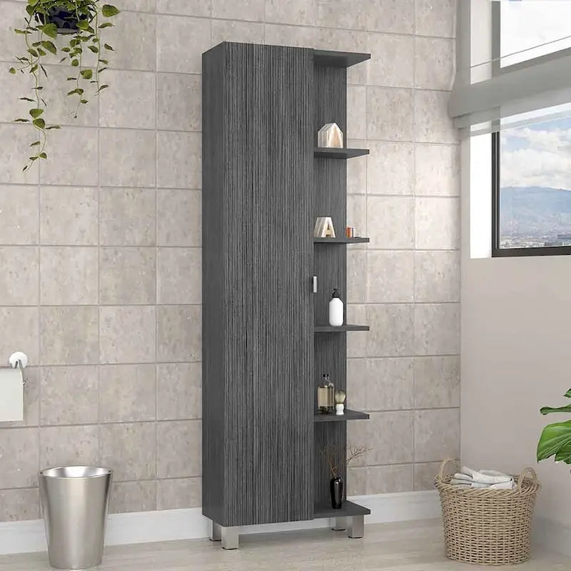 Meuble d'angle Womppi, cinq étagères ouvertes, une seule porte, finition gris clair, de haute qualité et durable