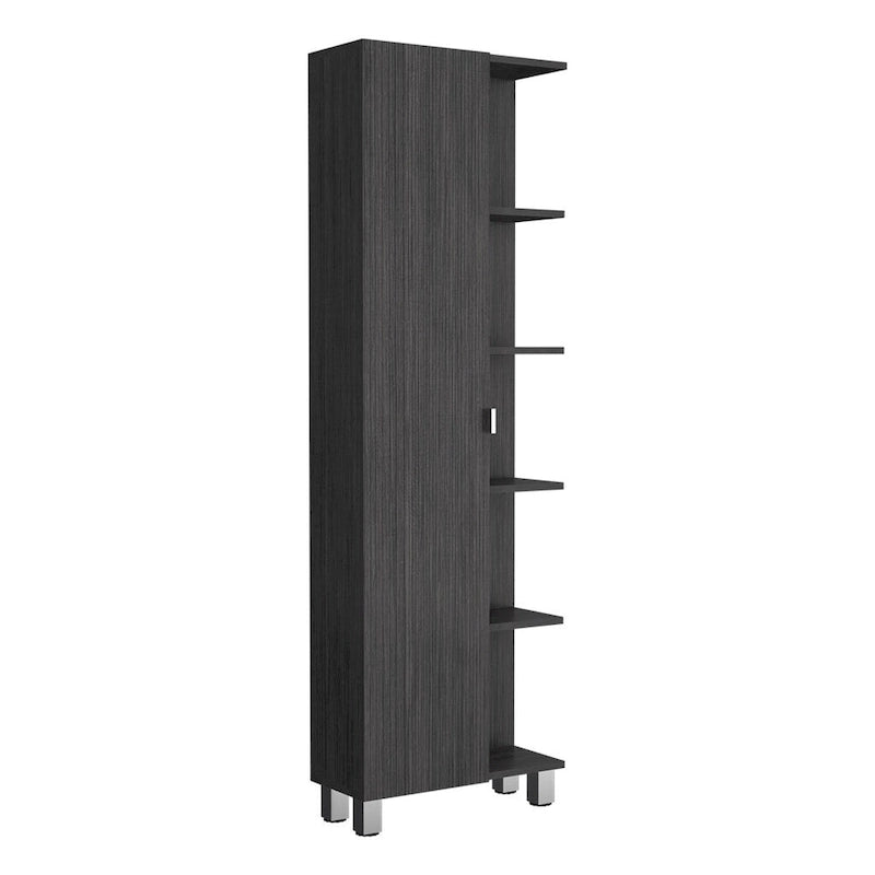 Meuble d'angle Womppi, cinq étagères ouvertes, une seule porte, finition gris clair, de haute qualité et durable