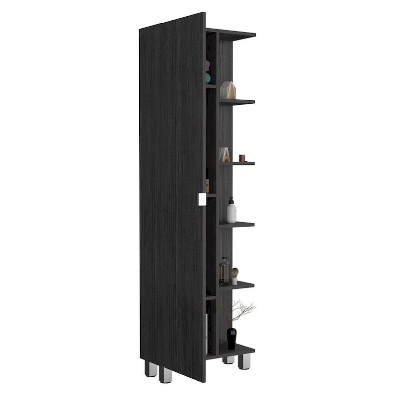 Meuble d'angle Womppi, cinq étagères ouvertes, une seule porte, finition gris clair, de haute qualité et durable