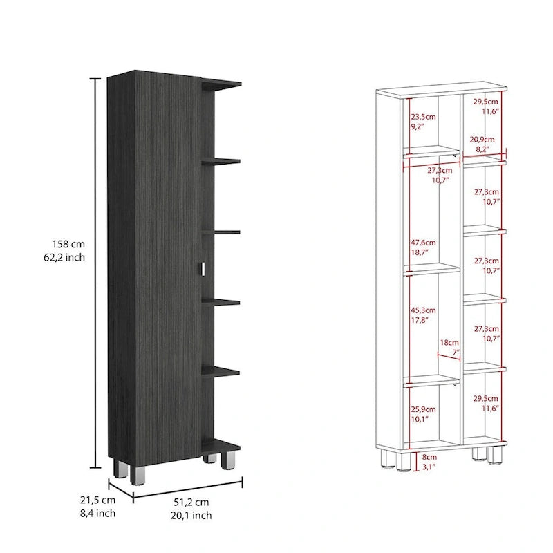 Meuble d'angle Womppi, cinq étagères ouvertes, une seule porte, finition gris clair, de haute qualité et durable