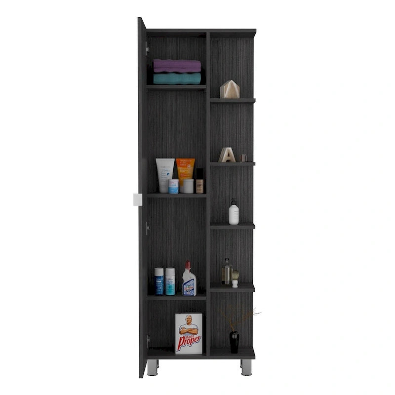 Meuble d'angle Womppi, cinq étagères ouvertes, une seule porte, finition gris clair, de haute qualité et durable